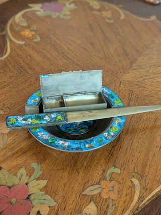 Turquoise Cloisonne 3pc Desk Set Letter Opener Ashtray Stamp Box