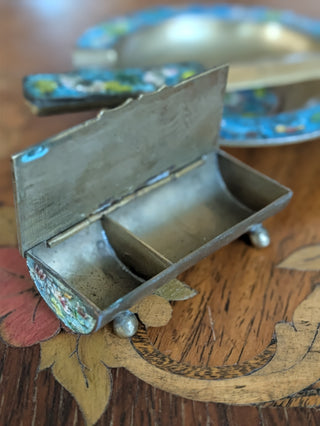 Turquoise Cloisonne 3pc Desk Set Letter Opener Ashtray Stamp Box