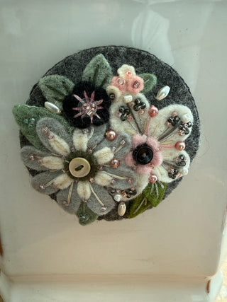 Handmade felt and embroidered floral brooch