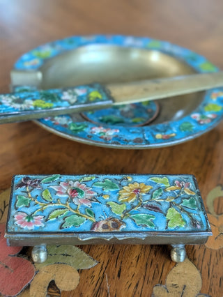 Turquoise Cloisonne 3pc Desk Set Letter Opener Ashtray Stamp Box