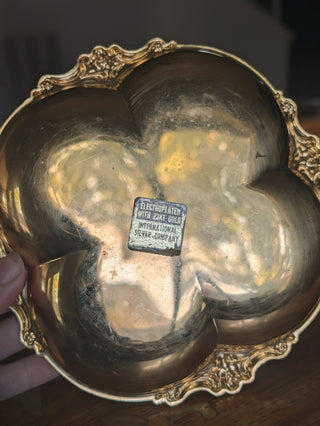 Vintage International Silver 23Kt Gold Electroplate Clover Trinket Dish NIS