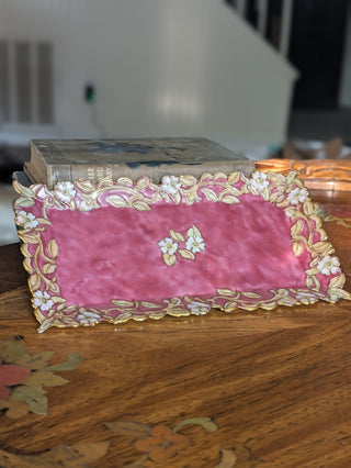 Vintage Pink Enamel Gold Filigree Floral Vanity Dresser Tray NIS