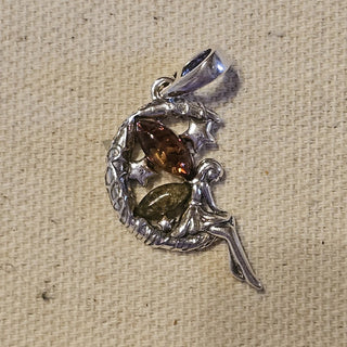 Sterling fairy moon amber stone pendant