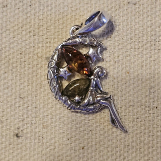 Sterling fairy moon amber stone pendant