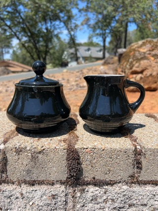 JP Vintage Noritake Folkstone Sugar and Creamer Set Black Stoneware Japan