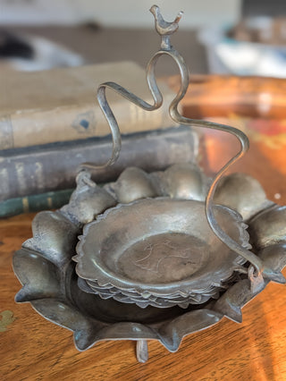 Vintage Pewter Bird Caddy and Set of 6 Dishes or Butter Pats NIS