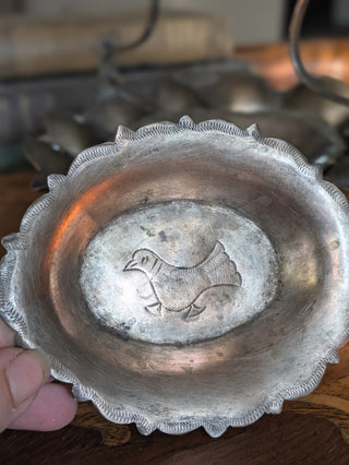 Vintage Pewter Bird Caddy and Set of 6 Dishes or Butter Pats NIS