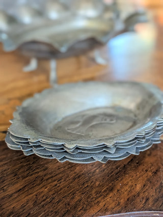 Vintage Pewter Bird Caddy and Set of 6 Dishes or Butter Pats NIS