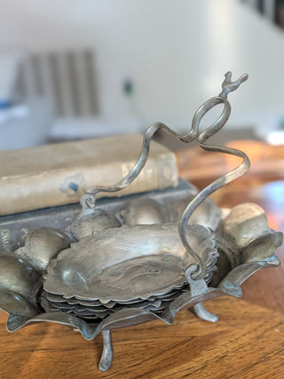 Vintage Pewter Bird Caddy and Set of 6 Dishes or Butter Pats NIS