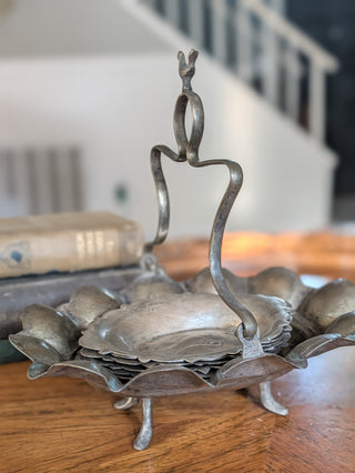 Vintage Pewter Bird Caddy and Set of 6 Dishes or Butter Pats NIS