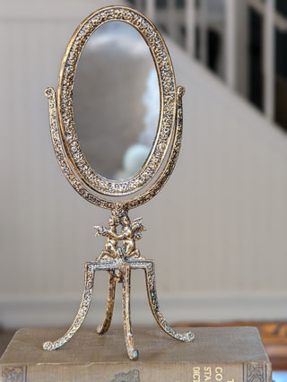 Vintage Ornate Gold Metal Cherub Swivel Vanity Dresser Mirror NIS