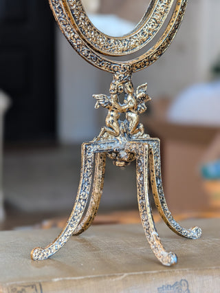 Vintage Ornate Gold Metal Cherub Swivel Vanity Dresser Mirror NIS