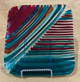 Art Glass Red Peacock Blue /Stripe 7x7 Plate  RSV