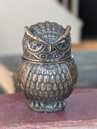 Steampunk Mechanical Owl Bronze Finish Trinket Box Stash Jar NIS