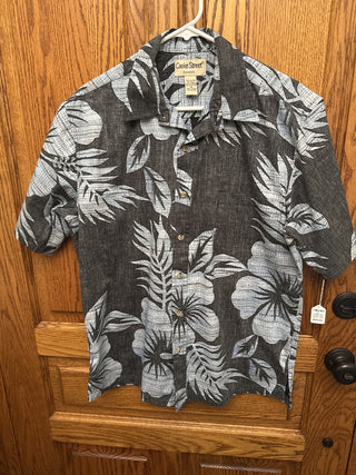 Vintage Men's Cooke Street Hawaiian Shirt Black with Blue Flowers Size Med|108777