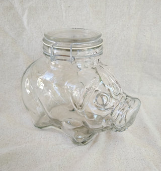 #62 VV Vintage Clear Glass Piggy Cookie Mason Storage Jar Canister With Wire Bail Lid MTS|60316