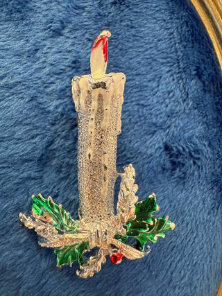 Gerrys Red Green White Enamel Gold Tone Christmas Candle Brooch VTG Signed|138971