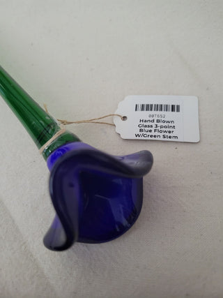 Hand Blown Glass 3-point Blue Flower W/Green Stem 12" EACH RCD
