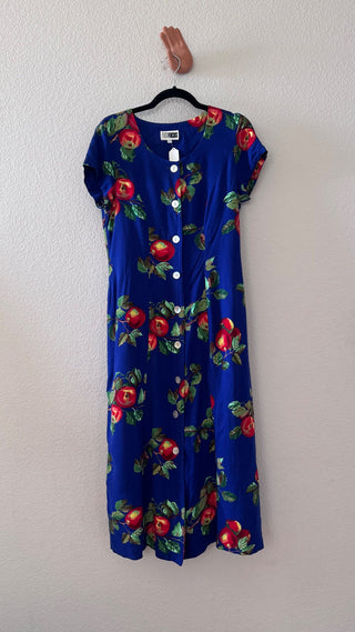 90s apple print dress blue button front MTS|119701