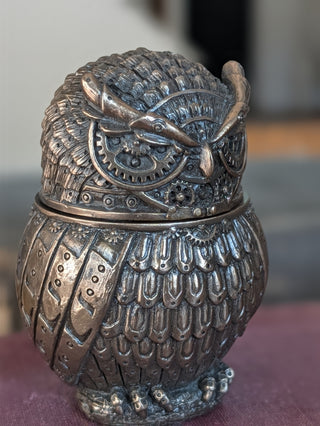 Steampunk Mechanical Owl Bronze Finish Trinket Box Stash Jar NIS