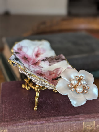 Ring Dish Oyster Shell Handmade Decoupaged Floral with Gold Stand