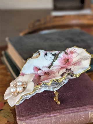 Ring Dish Oyster Shell Handmade Decoupaged Floral with Gold Stand