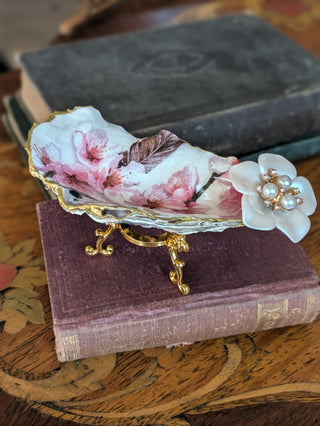 Ring Dish Oyster Shell Handmade Decoupaged Floral with Gold Stand