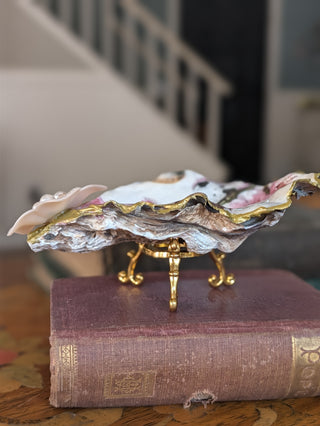 Ring Dish Oyster Shell Handmade Decoupaged Floral with Gold Stand