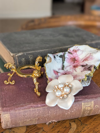 Ring Dish Oyster Shell Handmade Decoupaged Floral with Gold Stand