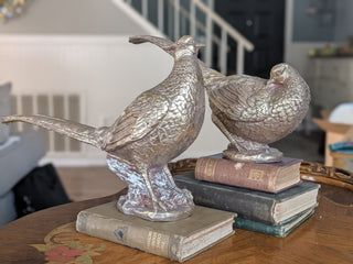 Pheasant Statues Pair Gold Metallic Resin 14 Inch Sculptures