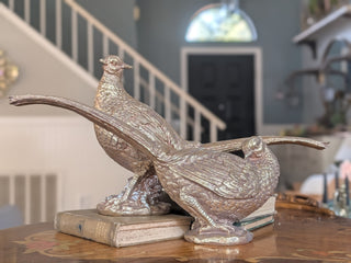 Pheasant Statues Pair Gold Metallic Resin 14 Inch Sculptures