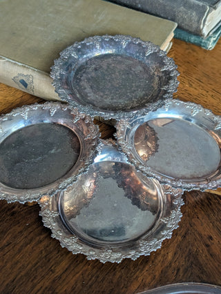 Coasters Set of 4 Silver Plated Grape Leaf Rim Prima Nysilver