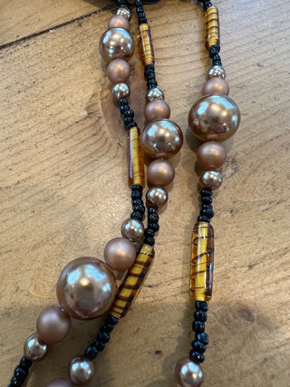 Hong Kong 3-strand  glass & plastic bead necklace gold, black, brown