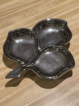 7.5" Vtg Silver Toned Glass Leaf Divided Dish--SP RCD