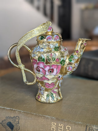 Teapot Ornament Cloisonne Enamel Gold Filigree Floral Pink and Green