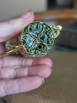 Teapot Ornament Cloisonne Enamel Gold Filigree Floral Pink and Green