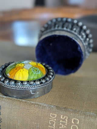 Trinket Box Vintage Repousse Metal with Millefiori Glass Cabochon Lid