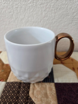 Starbucks 2013 Coffee Mug, textured white w/gold handle, RCD|113443