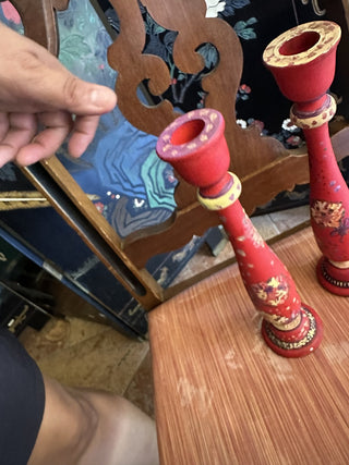 Vintage pair of candle holders painted wood #62 VV MTS|96884