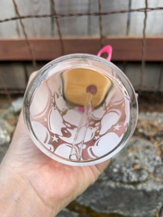 NEW Pink Ghost Glass Tumbler with Engraved Name Bamboo Lid and Glass Straw