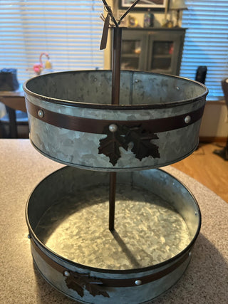 Two-tiered metal serving tray