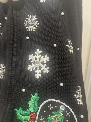 Victoria Jones Christmas holiday snowflakes and snow globe zip-up embroidery and sequin hooded cardigan sweater zip-up size Large #62 VV MTS|134314
