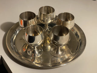 Vtg 8.5" Silverplate Tray w/ 5 Cordials Set, India--SP MTS