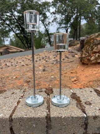 Pair tall clear glass and acrylic candlesticks sleek silver-finished stem