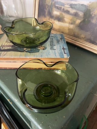 Vntg green glass  taper candle holders