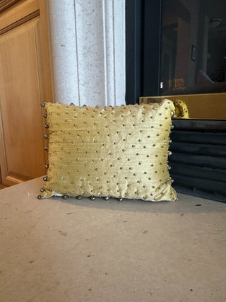 Silk Beaded Pillow, Gold w/small bells on edging 9.5"x7" RCD|68354