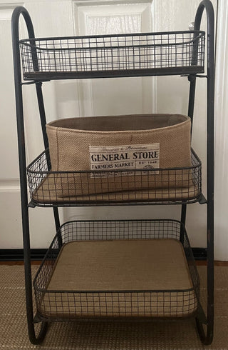 RUSTIC IRON AND BURLAP 3-TIER STAND WITH REMOVABLE BURLAP BASKET 29"T X 15"W X 12.5W (KJS) RCD|98927