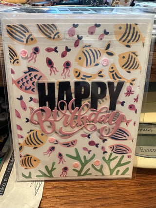 Birthday Card - "happy Birthday"pink & yellow fish G209