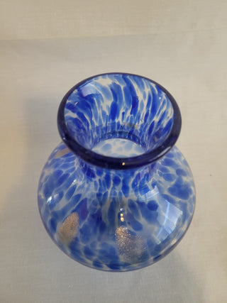 Art Glass Clear W/Blue & Gold Pattern Vase RCD|101070