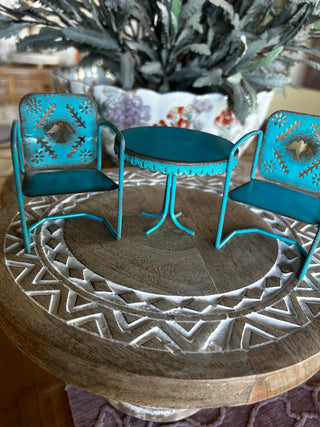 Turquoise Metal Dollhouse Garden Set, 2 Chairs & Table-RSV|118079